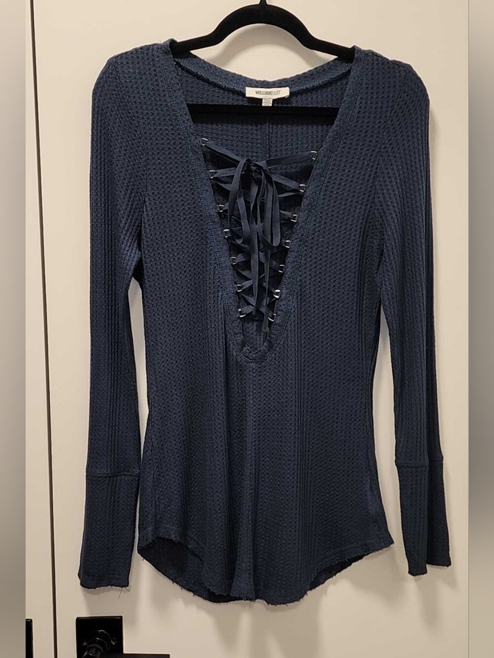 William Rast Navy Lace-Up Waffle Knit Long Sleeve Top - Deep Navy - XL